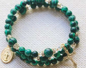 Malachite Catholic Wrap Rosary Bracelet in Gold