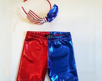 Harley Quinn inspired KIDS Suicide squad Red Blue metallic shorts joker suiside squad 4th of july