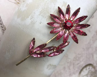 Vintage Pink Rhinestone Flower Brooch, Estate Jewelry, Pink Crystal Daisy Pin