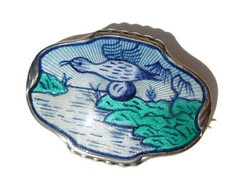 Antique Jacob Tostrup Brooch Sterling Guilloche Enamel Bird Pin - Monster Beskyttet