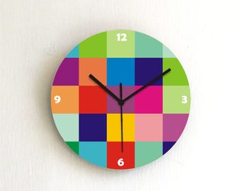 Bright bold Colorful geometric Wall clock,graphic designed decorative printed patterned wooden round numbers wall clock