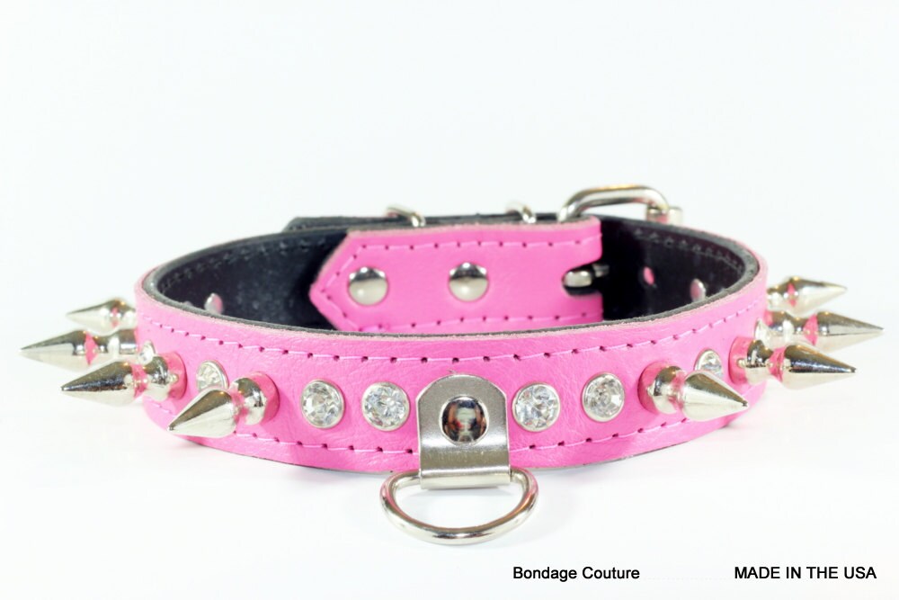 Spiked Leather Human Collar Pink Bdsm Collar Pink Spiked