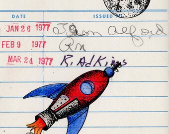 Rocket Upcycled Library Card Print