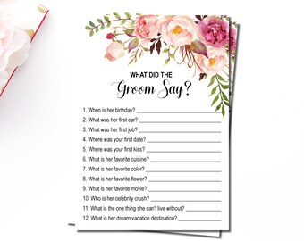 Boho What did the groom say Bridal Shower Game, Bohemian Pink Floral, What did he say about her, Guess Game Printable, Instant Download, B54