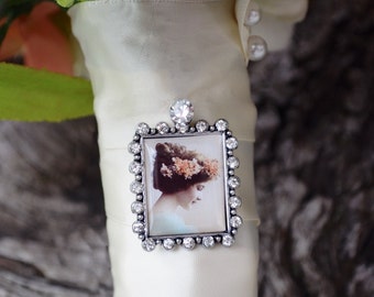 Bouquet Photo Charm Frame Rhinestone Wedding Bridal Memory Vintage Antique Silver Bling