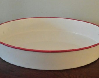 Vintage Enamel Paella Pan, White with Red
