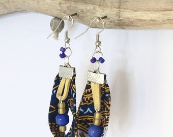 African fabric, leather and beads earrings