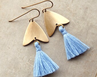 Tassel Earrings, Light Blue Tassel Earrings, Natural Brass Tassel Earrings, Arrowhead, Arrow Earrings