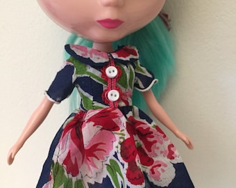 Navy Blue Floral Vintage Hankie Dress For Blythe