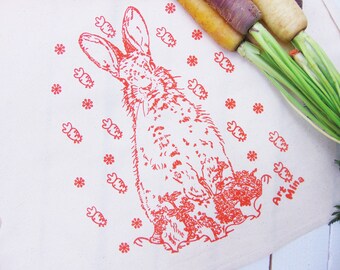 Carrot Bunny Long Flour Sack Towels, Screen Printed Tea Towel, Kitchen Towels, Tea Towel Flour Sack, Rabbit Illustration, cotton Dish towel