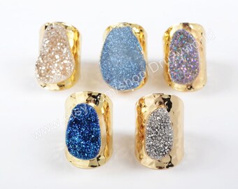 Wholesale Gold Plated Natural Agate Titanium Druzy Ring Champagne Silver Ring Freeform Brilliant Drusy Gemstone Geode Jewelry Ring G0890