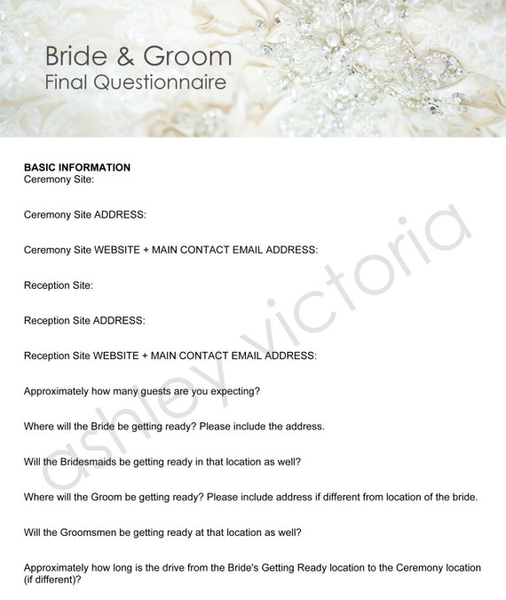 Bride & Groom Wedding Questionnaires for Photographers Set of