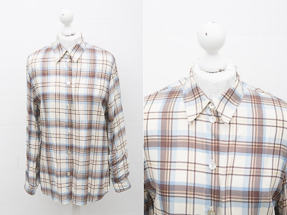 Long Sleeve Shirt / Vintage Chequered Shirt in Ivory Blue and