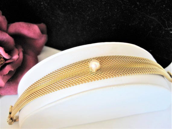 Gold Mesh Bracelet, Faux Pearl Center, Mid Century Wedding Bracelet