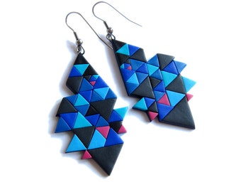 Geometric Earrings, Navy Blue Earrings, Ultramarine Blue Earrings, Royal Blue Earrings, Fimo Polymer Clay Big Earrings, Color Block Earrings