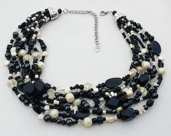 Black and yellow statement necklace, multi strand, chunky, pearl and crystal