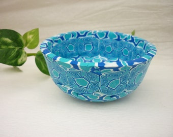 handmade bowl, cup, polymer clay, unic piece , turquise, blue and white