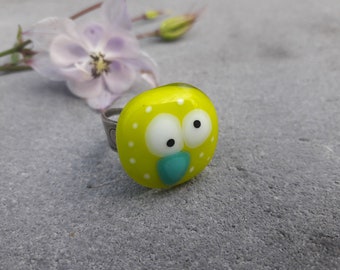 Glass fusing yellow hen, silver, Adjustable ring
