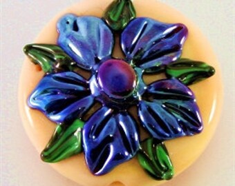 Handmade Lampwork Glass Beads SRA with Silver Glass Flower Focal Cream, Blue, Purple, Green