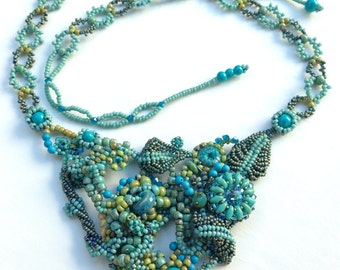 Beaded Blue Statement Necklace Set/ Bib Necklace/ Freeform Peyote Necklace