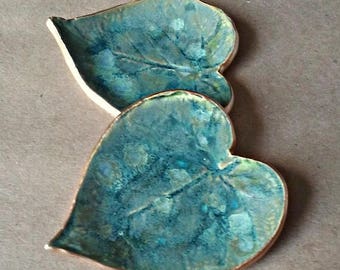 TWO Ceramic Ring Dishes Ring Bowls Ring holders Moss Creek green Leaves edged in gold