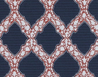 Navy Blue and Coral Woven Geometric Upholstery Fabric for Furniture - Coral White Blue Pillow Covers - Heavyweight Blue White Sofa Fabric