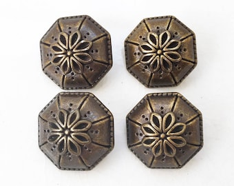 eco friendly vintage inspired domed brassy bronze tone plastic umbrella shaped shank buttons with flower design--matching lot of 4