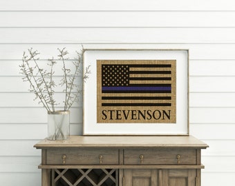Thin Blue Line Flag - Burlap Print - Police Officer Gifts - Cop Gifts - Police Officer Decor - Blue Line Flag - Police Officer Wife - Print