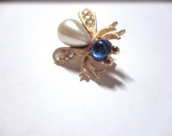 Vintage Bee Scatter Pin Blue Cabochon Pearl AB Rhinstones