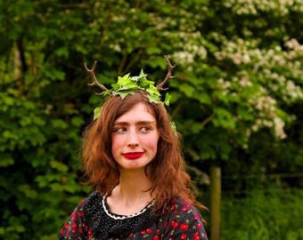 Woodland Goddess Antler  Head Dress Ivy Leaves Deer Stag Doe Faun Fawn Hart Red Sika Muntjac Satyr Horns Woodland Spirit Costume Cosplay