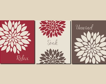 Relax Soak Unwind Red Beige Brown Bathroom Decor Bathroom Wall Art Prints or Canvas Master Bath Guest Bath, Any Color, Set of 3