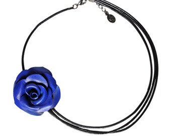 Choker necklace pink blue leather full grain cowhide