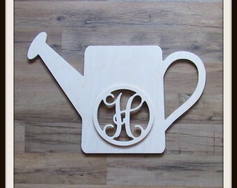 Watering Can Door Hanger with Monogram Letter - Unpainted Wood - 22" size - Spring Summer Decor - Garden - Flowers - Gift - Wall Hanging