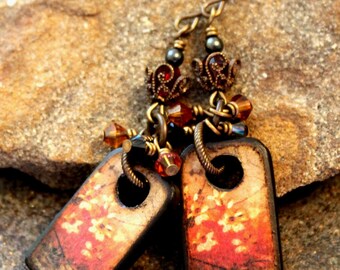 Fall Floral Art Tile Earrings | Brass & Swarovski | Handcrafted Art Print Earrings | Artisan Tile Earrings | Unique Fall Jewelry | Boho
