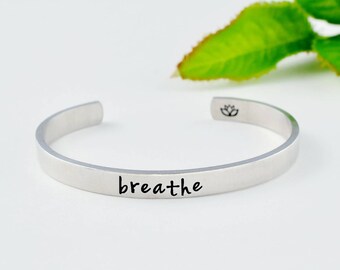 breathe - Hand Stamped Aluminum Cuff Bracelet, Lotus Flower Bracelet, Yoga Inspired Bracelet