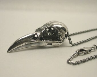 Raven Skull Necklace, Sterling Silver