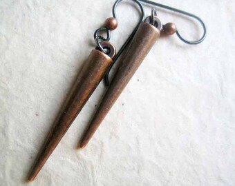 Spike Earrings, Dangle copper pewter, niobium ear wires, rocker, minimalist