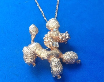 Jaunty vintage gold tone rhinestone poodle pin pendant 17" necklace.