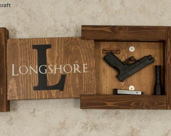 Solid Pine Concealed Gun Storage, Gun Storage, Hidden Gun Storage, Monogram Family Name Sign