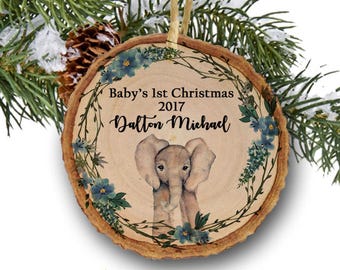 Baby's first Christmas ornament,Christmas ornament,Personalized Christmas ornament,Baby's first Christmas, elephant, woodland, tree slice