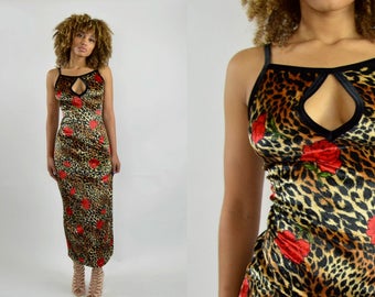 Velvet Dress Vintage Grunge 90s dress Rose print High slit dress Maxi dress - Medium