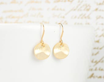 Tiny Matte Gold Dangle Earrings, Hammered Gold Earrings, Small Drop Earrings, Small Hammered Gold Earrings #848