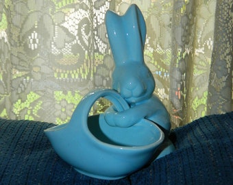 Vintage Ceramic Bunny w/Basket~A Glossy Light Blue Easter Bunny Figurine~Statue~Holding a Basket~Collectible Rabbit Decoration~Nice Gift~