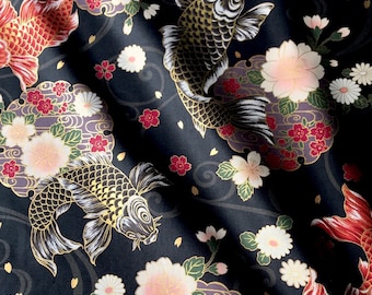 Japanese fabric, carp, black background, cotton 110 x 50 (311 (A)