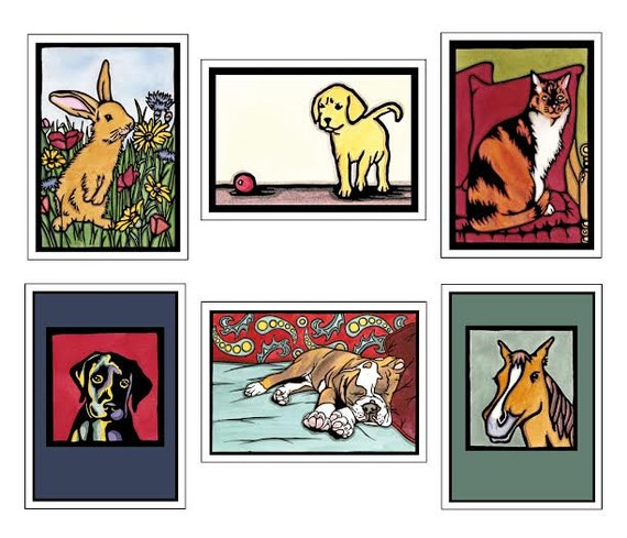 Pet Collection - 6 Blank Greeting Cards - Bunny or Rabbit, Cat, Puppy, Dog, Pony or Horse - Pet Sympathy, Pets at Play - Notecards