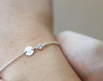 Personalized Initial Disc Bracelet with CZ Charm / Personalized Holiday gift / Bridesmaid gift / Christmas gift / Friendship Bracelet EB035