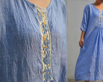 496--- Blue Yarn Dyed Linen Dress, with Hand Embroidery, Made to Order.