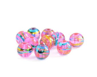 50 translucent pink, blue and gold glass beads 8mm