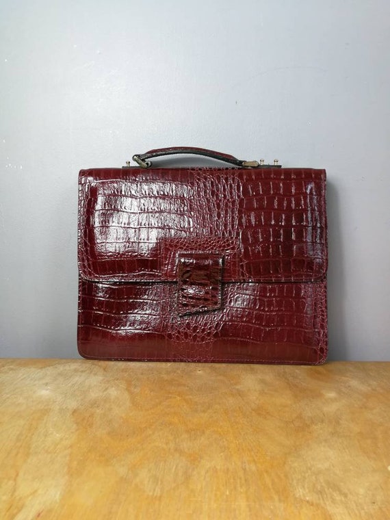 Maroon leather briefcase bag / 70s ox blood hand held purse / maroon mock croc leather purse / 1970s bag / red wine leather bag