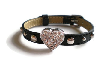 Bling Heart Leather Bracelet - Studded Leather Heart Bracelet - Black Studded Leather Wristband With Bling Heart